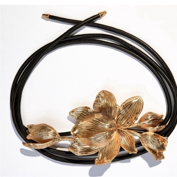 New! Zara Gold Flower Leather Statement Cord Belt NWOT - Picture 2 of 4